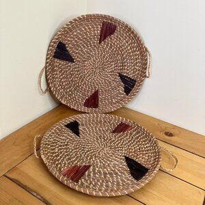 Woven Coiled Straw Rattan Tray Flat Basket Set of 2 Wall or Table Decor 11"